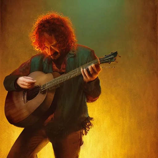 Image similar to rugged man with curly red hair wearing a green cloak playing a guitar portrait, atmospheric lighting, painted, intricate, volumetric lighting, beautiful, rich deep colours masterpiece, golden hour, sharp focus, ultra detailed, by leesha hannigan, ross tran, thierry doizon, kai carpenter, ignacio fernandez rios