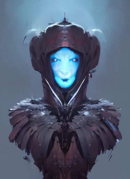 Image similar to anthropomorphic raven robot portrait, cloak, game design fanart by concept artist gervasio canda, behance hd by jesper ejsing, by rhads, h. r. giger, makoto shinkai and lois van baarle, ilya kuvshinov