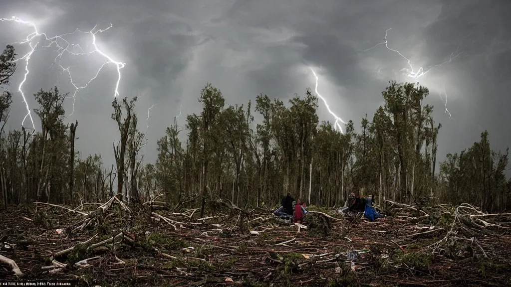 Prompt: a vision of climate change catastrophe, dark clouds, lightning, tornado, hails, hurricane winds, floods, as seen by a couple having picnic in a park with a forest of dead trees, moody, dark and eerie large-format photography