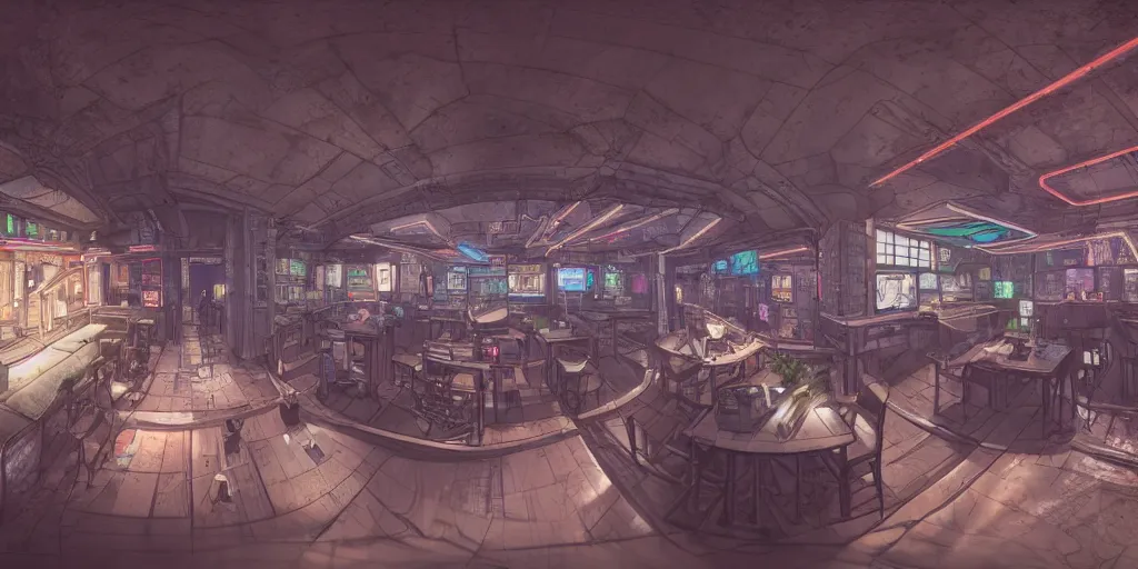 Prompt: Highly realistic Digital interior design in style of Hiromasa Ogura and Josan Gonzalez of detailed cyberpunk tavern with minimalism stone walls and neon lights, a lot of electronics and people, many details. Natural white sunlight from the transperient roof. Panorama on 360 degrees Rendered in 32K in VRAY and DaVinci Resolve and MAXWELL and LUMION 3D, Volumetric natural light