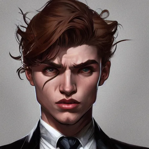 Image similar to character concept, wide angle, full body, symmetrical head - on centralized, young man with formal black suit. detailed, high quality, dynamic lightning, fantasy, scenematic. artwork by artgerm, wlop, alex ross, greg rutknowski, alphonse mucha