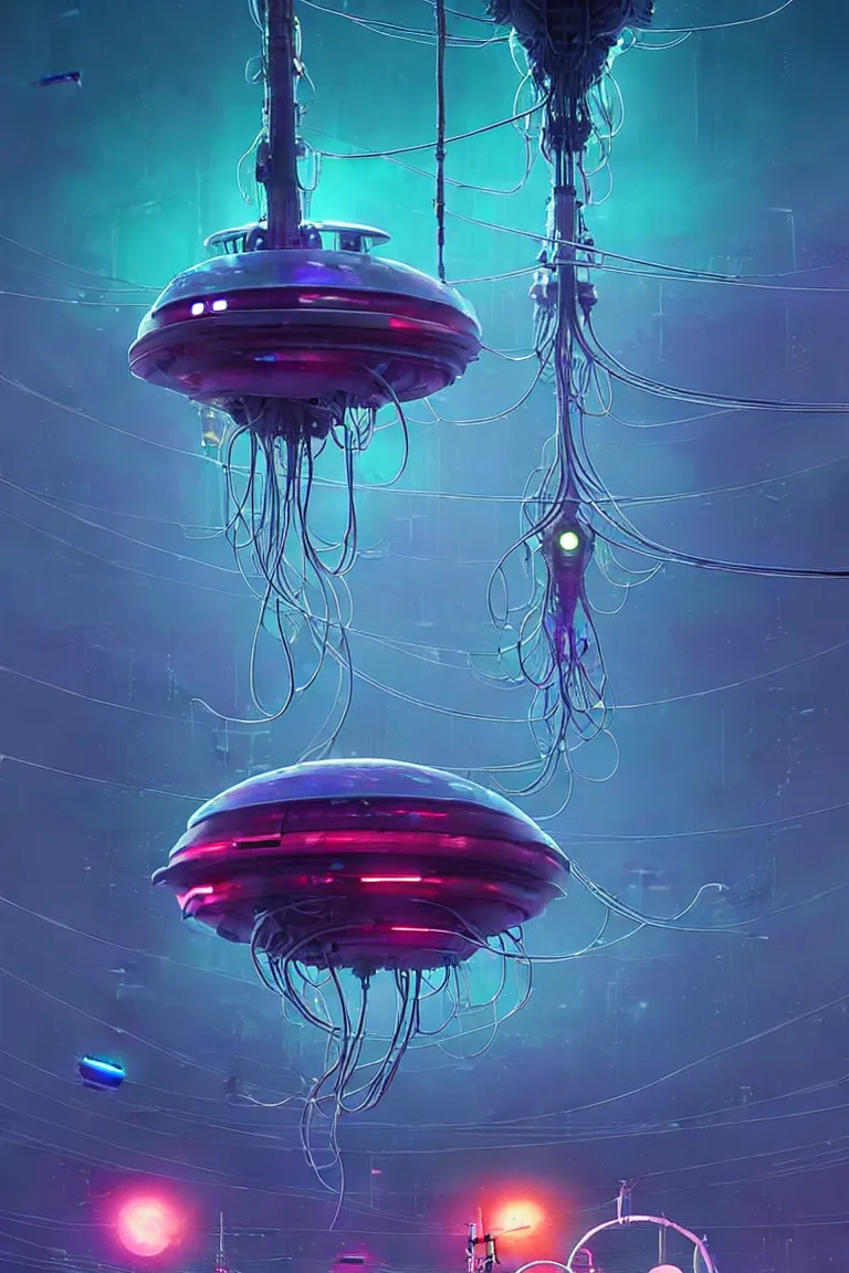 Image similar to mechanical robotic squid jellyfish spaceship with long tendrils, lots of hanging cables and wires, sci - fi concept art, by john harris, by simon stalenhag, stunning, award winning