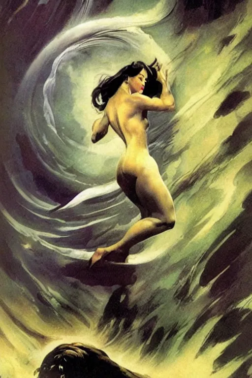 Prompt: dream filaments tightly spun into magical whirlpool of infinite crystalline spiral, illustration by frank frazetta