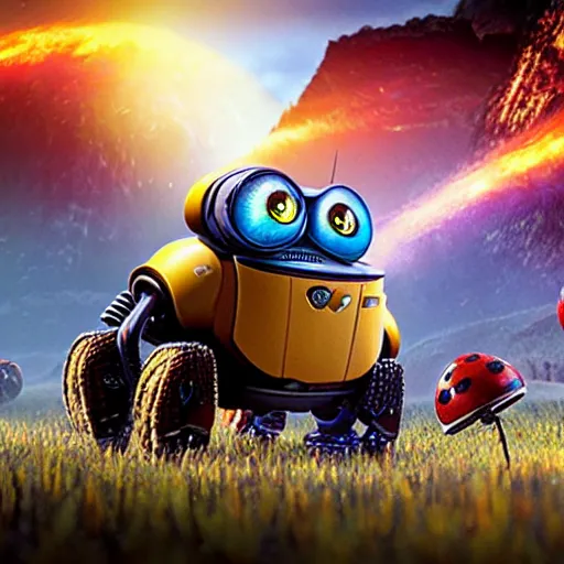 Image similar to promotional movie still, ladybugs, ladybug quadruped with big rgb eyes, ladybug hobbits, ladybug robots, space western, dramatic lighting, the fellowship of the ring ( film ), ( ( wall - e ( film ) ) )