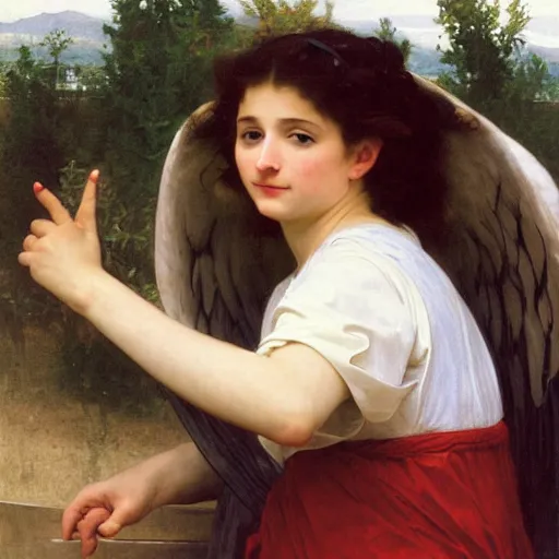 Image similar to an oil painting of an angel driving a car in a drive through, one hand on the steering wheel, exterior view, by Bouguereau, highly realistic and intricate