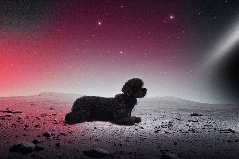 Image similar to a parti poodle with black and white fur laying down on mars. distant background, red lighting, digital art, acrylic, colorful, ominous, bleak, moonlight, bokeh, depth of field, synthwave, psychedelic, glitch, acrylic, flooko, detailed, cybernetic, sci-fi, glows,