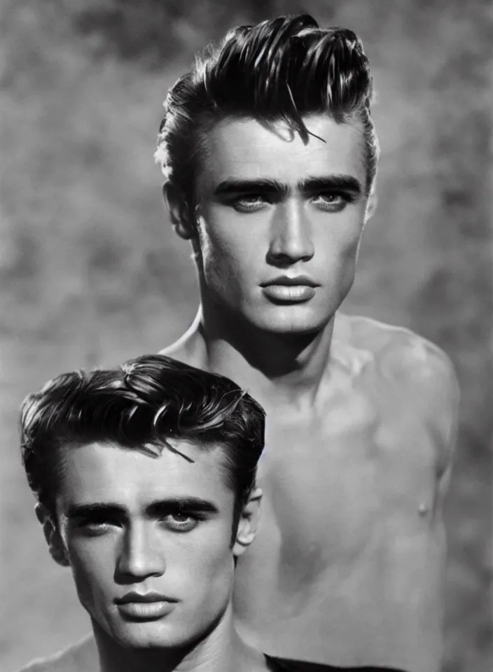 Image similar to genetic combination of james dean, elvis presley, sean connery, and boris karloff. gaunt, handsome, beautiful, striking, chiseled. prominent cheekbones, deep dimples, strong jaw.