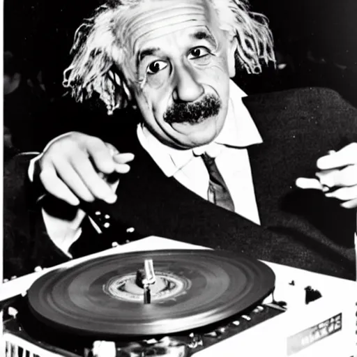 Image similar to photo of Albert Einstein DJing a record player at a nightclub, vintage, highly detailed facial features, at a nightclub