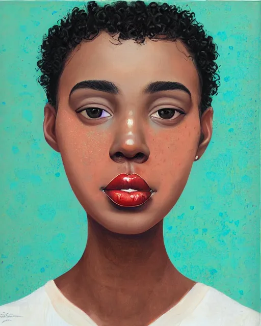 Prompt: Curly haired ebony beauty face portrait with freckles, by amy sherald