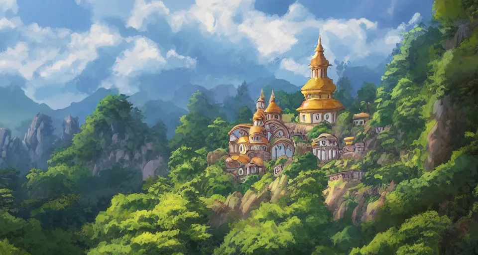 Image similar to view of a monastery on a forested mountain, in the style of studio ghibli, distant, detailed, artstation, award winning painting,