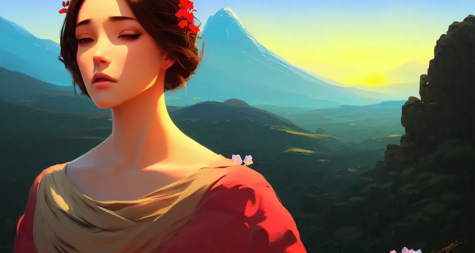 Prompt: a single flower with a few petals behind a beautiful mountain landscape, night setting. realistic shaded lighting poster by ilya kuvshinov katsuhiro, magali villeneuve, artgerm, jeremy lipkin and michael garmash, rob rey and kentaro miura style, trending on art station