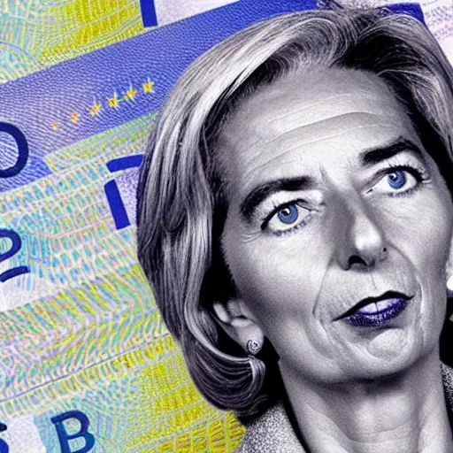 Prompt: Christine Lagarde using euro bills as wallpaper