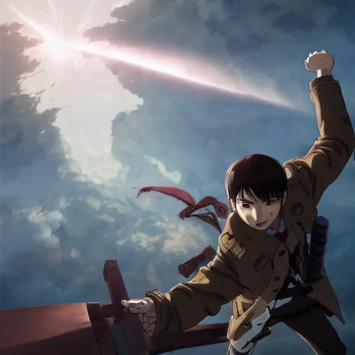 Prompt: a key shot of Attack On Titan , fighting a celestial titan, animation at mid-day, medium shot, waist up, studio Ghibli, Pixar and Disney animation, sharp, key art by Greg Rutkowski, dramatic lighting, flat texture