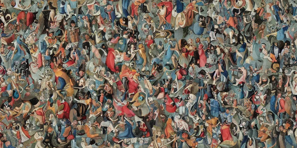 Image similar to escher style pattern of 3 6 0 panorama, three point perspective colorful hieronymus bosch characters under wather