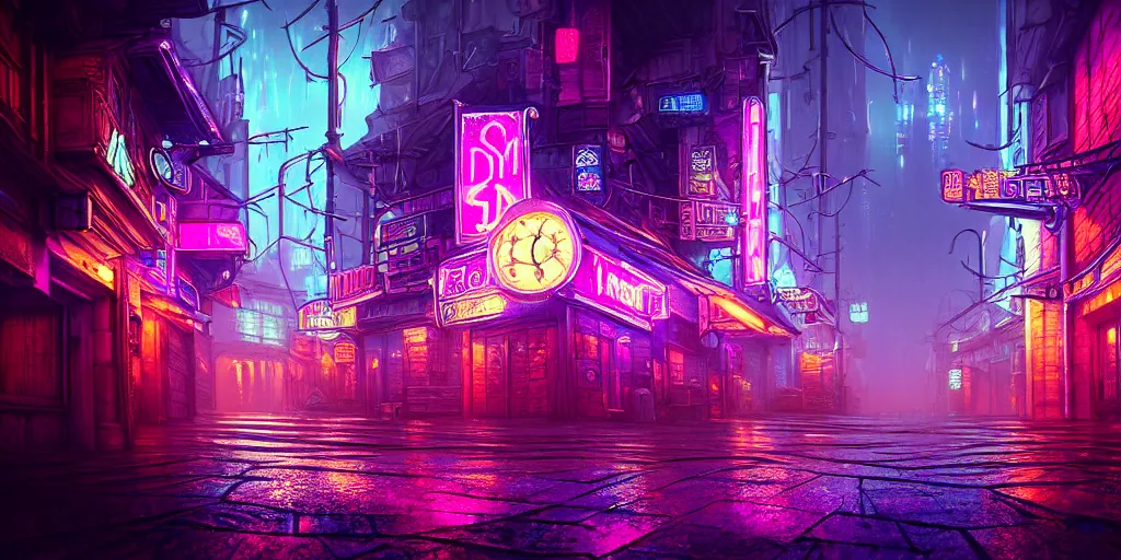 fantasy medieval cyberpunk townscape, rain, neon | Stable Diffusion ...