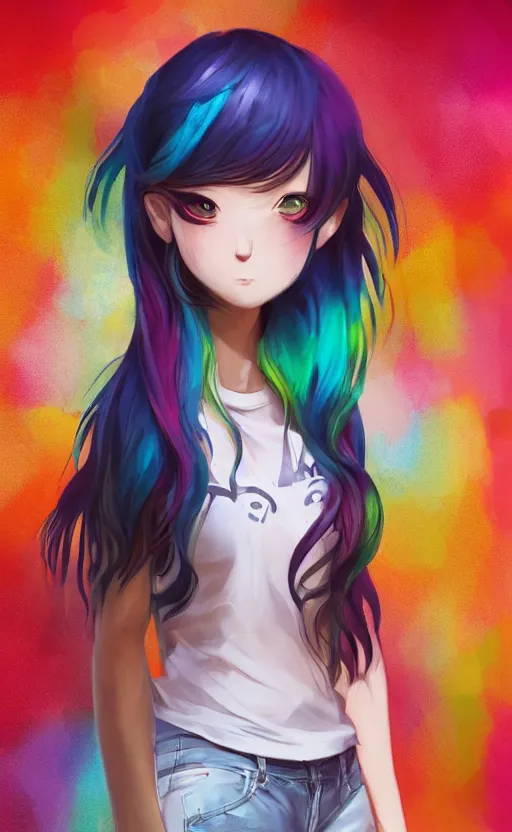 Image similar to a kawaii woman with rainbow hair, happy, summer time, soft eyes and narrow chin, dainty figure, long hair straight down, kawaii shirt and jeans, basic white background, In style of by Jordan Grimmer and greg rutkowski, crisp lines and color