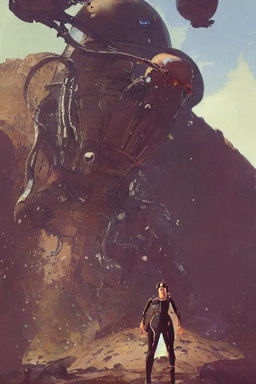 Image similar to pulp scifi fantasy illustration full body portrait elegant woman wearing latex spacesuit with huge martian creature in background, by norman rockwell, jack kirby, bergey, craig mullins, ruan jia, jeremy mann, tom lovell, 5 0 s, astounding stories, fantasy