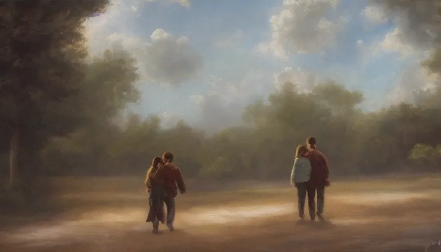 Image similar to oil painting, young lovers leaving together, cinematic lighting, wow, establishing shot
