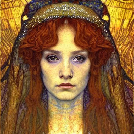 Image similar to detailed realistic beautiful young medieval queen face portrait by jean delville, gustav klimt and vincent van gogh, art nouveau, symbolist, visionary, gothic, pre - raphaelite, muted earthy colors, desaturated