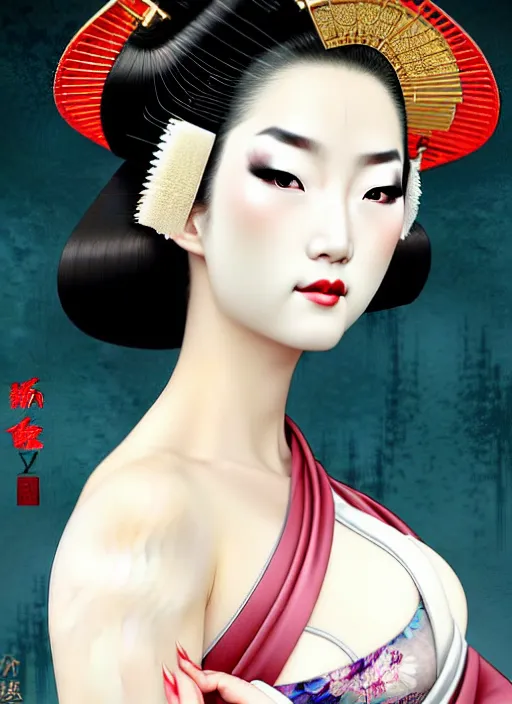Prompt: glamorous and sexy Geisha in an ancient japanese temple, beautiful pale makeup, pearlescent skin, seductive eyes and face, elegant, lacivious pose, very detailed face, elegant semi transparent bra, translucent coloured kimono, ancient japanese temple on the background, photorealism, a portrait by artgerm, rossdraws, Norman Rockwell, magali villeneuve, Gil Elvgren, Alberto Vargas, Earl Moran, Enoch Bolles