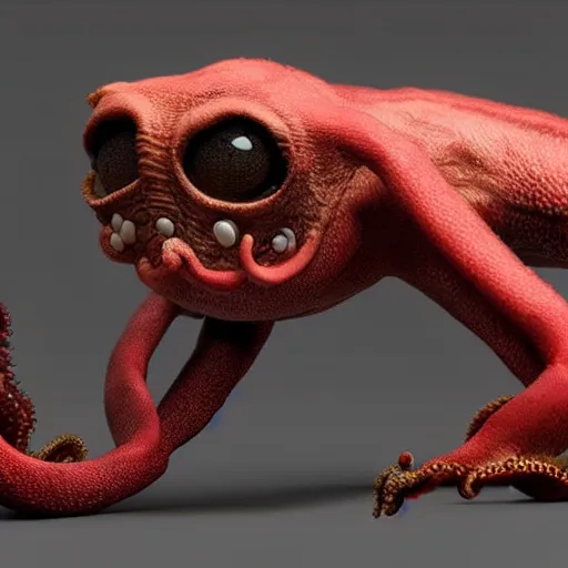 Prompt: a repulsive lonely-looking animal-like creature with rough unusual coloured tentacled skin, a long snout and bulging eyes, ultra realistic 3d render with shadow