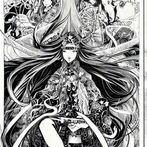 Image similar to highly detailed perspective drawing black and white goetic pen and ink manga panel by hiroya oku!! mucha illustrated sorcerer beautiful attractive long hair chris bell fxv flowing ritual royal!!! vagabond! graphic novel panel swords dramatic esoteric!!!!!! long hair flowing dancing illustrated in high detail by frank miller, shonen jump
