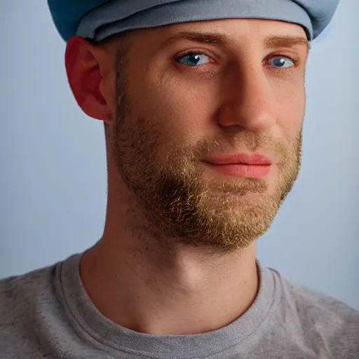 Image similar to color photograph of a 40 year old white Jewish Israeli skinny man with short, curly, blond hair and very small blue eyes, dressed in a white t shirt, gray shorts and a beret, with a small mole to the right of his very thin lips, with a straight nose and blond stubble, and an earring in the left ear