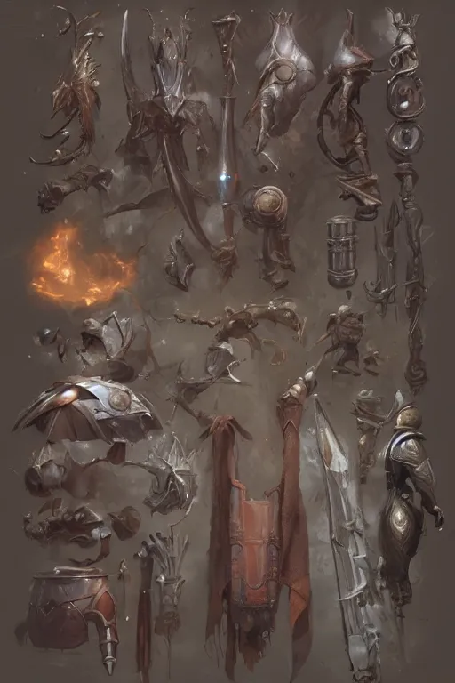 Prompt: item concept art of wizard's equipment set art by artgerm and Craig Mullins, James Jean, Andrey Ryabovichev, Mark Simonetti and Peter Morbacher 16k