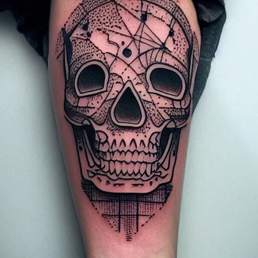 Image similar to tattoo design, stencil, tattoo stencil, traditional, a world famous tattoo of a geometric skull with a galaxy coming out of the top of its head-s 100