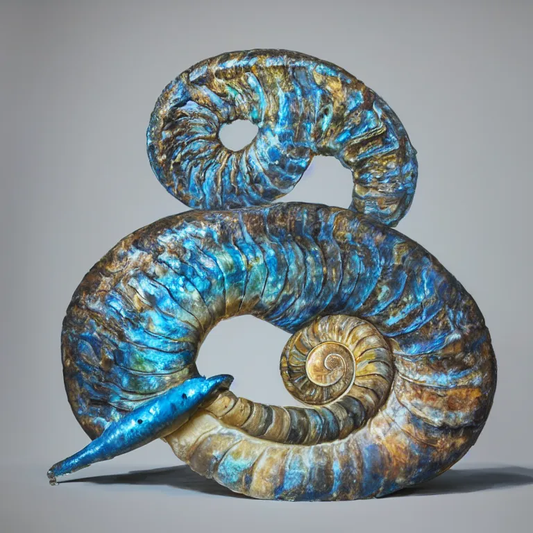 Prompt: hyperrealistic sculpture of a bronze fossilized snail ammonite dusted with blue spraypaint on a pedestal by ron mueck and duane hanson and lee bontecou, hyperrealistic dramatic colored lighting trending on artstation 8 k