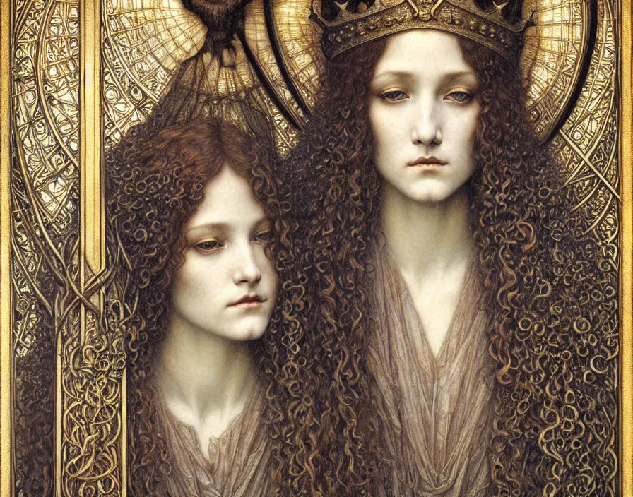 Image similar to detailed realistic beautiful young medieval queen face portrait by jean delville, gustave dore and marco mazzoni, art nouveau, symbolist, visionary, gothic, pre - raphaelite. horizontal symmetry