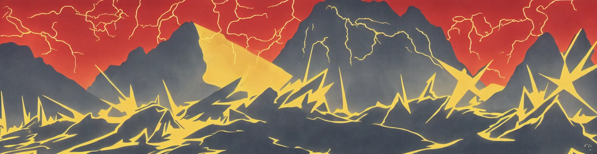 Image similar to solar montain with lightning bolts in 1940s propaganda poster