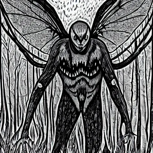 Prompt: mothman in the style of junji ito, in the woods of west virginia, cryptid, insane detail, body horror
