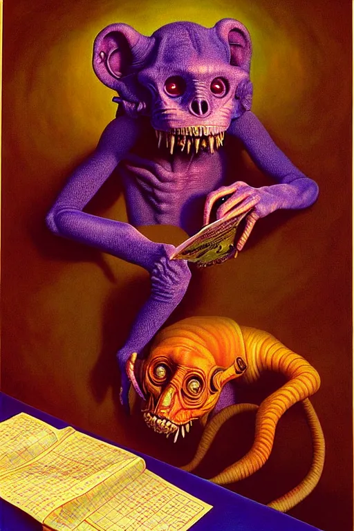 Image similar to a hyperrealistic painting of a chimeric creatures studying for a math exam, cinematic horror by jimmy alonzo chris cunningham, lisa frank, richard corben, highly detailed, vivid color,