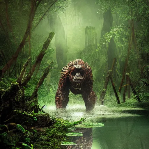 Image similar to A photograph of a giant monster lurking in the swamp, crocodile, mangrove swamp, murky water, (vines), gorilla, trending on artstation, bog, ((tiger)), Godzilla, (((dragonfly))), ((mist)), bugs