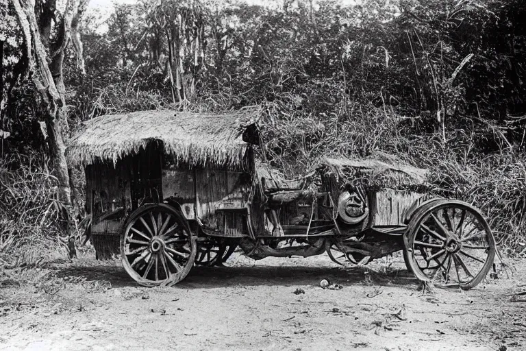 Image similar to a 1905 colonial closeup photograph of a cadillac in a village at the river bank of Congo , Thick jungle, scary, evil looking, wide angle shot