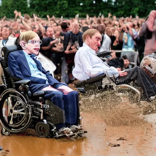 Image similar to several clones of stephen hawking raving in a muddy mosh pit