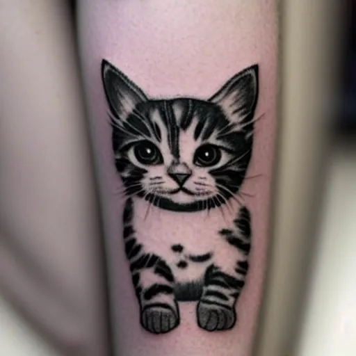 Image similar to cartoon tattoo of a cute kitten with a white border on a light gray background