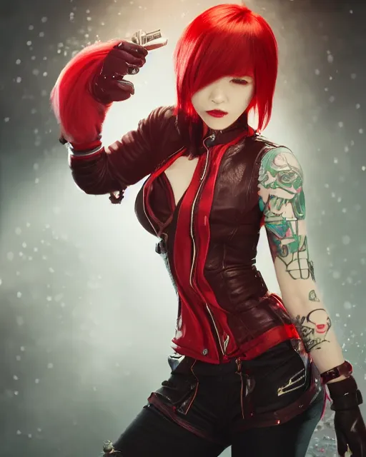 Image similar to a girl with short red hair, cool, vi from arcane, league of legends, fighter, cool red jacket, tattoo, beautiful, 3 d, potrait, art staion, studio light, closeup shot, octane render, wlop