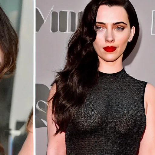 Prompt: a woman who is a genetic combination of kim kardashian and kat dennings and scarlett johansson and margot robbie and emma watson, face and upper - body focus