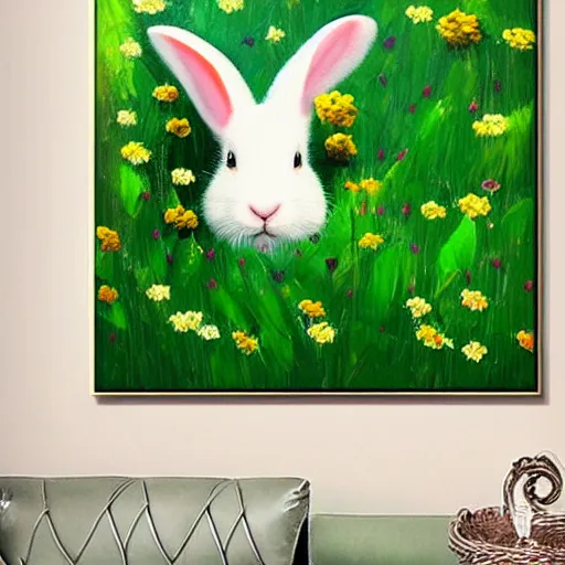 Image similar to detailed oil painting of a fluffy white rabbit sleeping in a patch of green flowers, deep brush strokes, glowing colors, clear resin gloss on canvas,