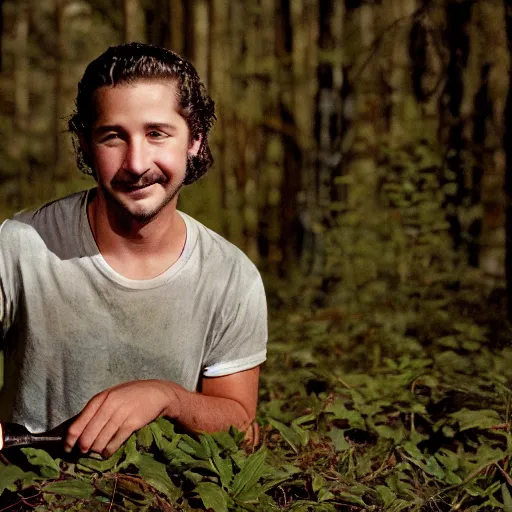 Prompt: Shia Labeouf, smiling eerily and holding a knife, peering through foliage in the forest, horror movie moonlight, Eastman Color Negative II 100T 5247, ARRIFLEX 35 BL Camera