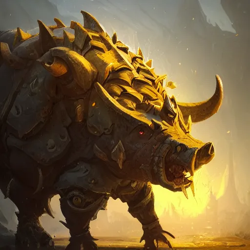 Image similar to an armored boar, boar ’ s tusks, yellow theme, bright art masterpiece artstation. 8 k, sharp high quality artwork in style of jose daniel cabrera pena and greg rutkowski, concept art by tooth wu, blizzard warcraft artwork, hearthstone card game artwork, armored boar
