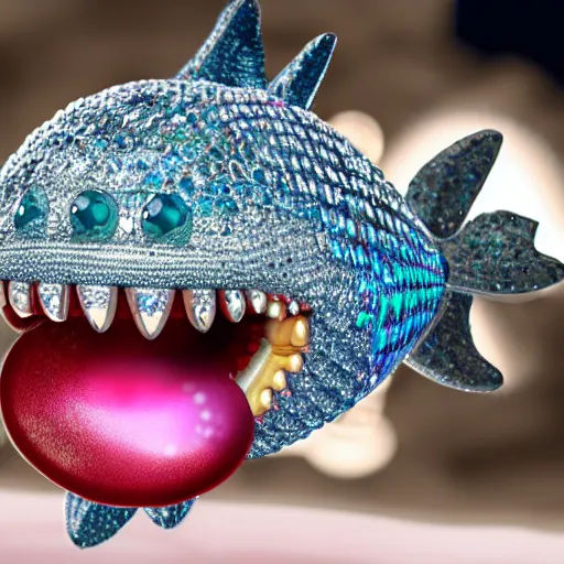 Image similar to A diamond encrusted killer anglerfish with jeweled teeth, the mouth is wide open, inside the mouth is a vegas casino, the fish is dangling a dollar sign in front of it