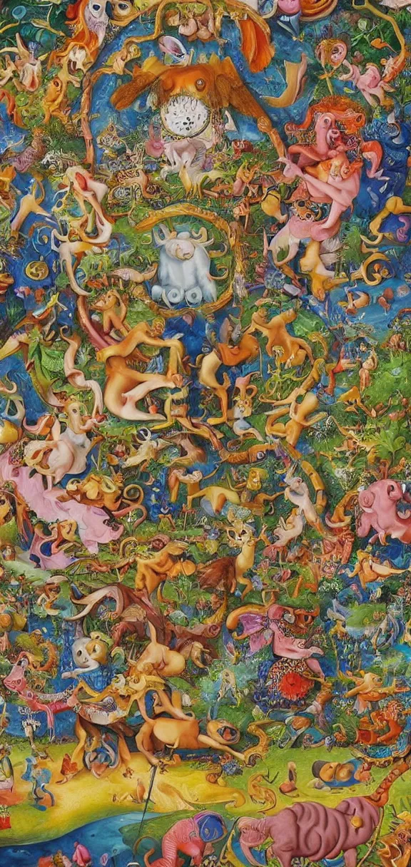 Prompt: an incredibly detailed masterpiece collaborative painting by bosch and lisa frank, ornate, detailed, high resolution, wow!, intricate