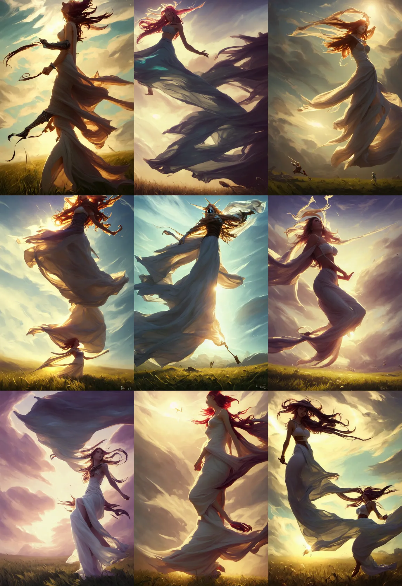 Prompt: league of legends and warframe art, single levitating girl in white maxi dresses between clouds above green fields in sunset light, big long cloth on the wind, close up portrait, elegant, intricate, digital painting, artstation, concept art, golden hour, epic composition, smooth, sharp focus, illustration, art by ed mell and Daniel F. Gerhartz and Jacek Malczewski and gustav klimt, Tibor Nagy