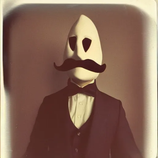 Image similar to a Polaroid photo of a man in a suit wearing a Venetian Pierrot mask