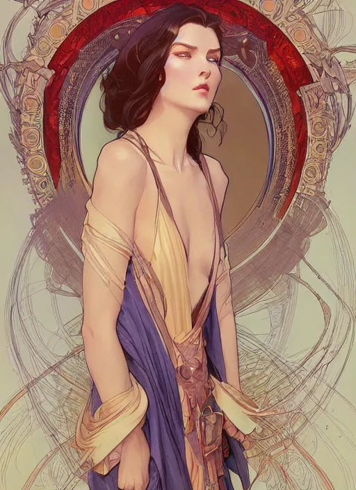 Image similar to michia wearing a silk robe, digital painting, artstation, concept art, sharp focus, illustration, art by artgerm and greg rutkowski and alphonse mucha