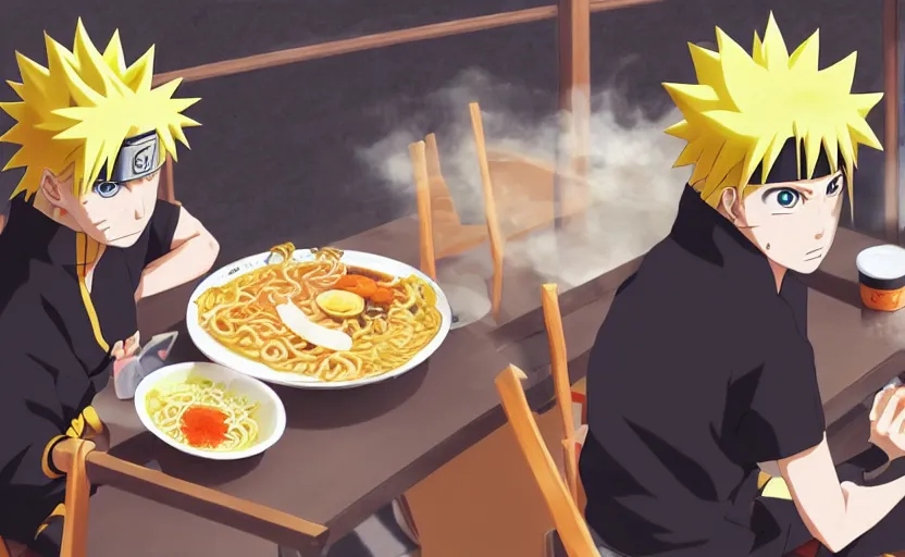 Prompt: Naruto Uzumaki eating ramen at ichiraku ramen shop all alone, anime concept art by Makoto Shinkai, digital art, 4k, trending on pixiv