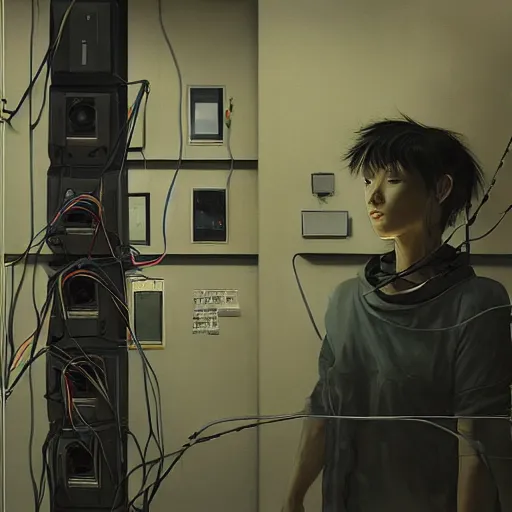 Prompt: portrait of lain iwakura connected to a room full of cables computers and displays by ruan jia and joao ruas. atmospheric